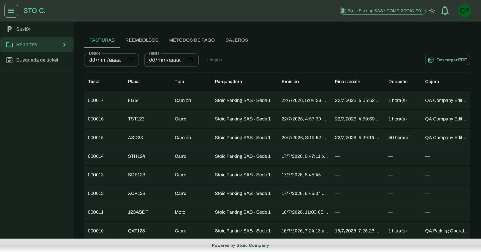 StoicParking reports view for a parking lot, with filters by period and cashier, on a QA tenant with demo data.